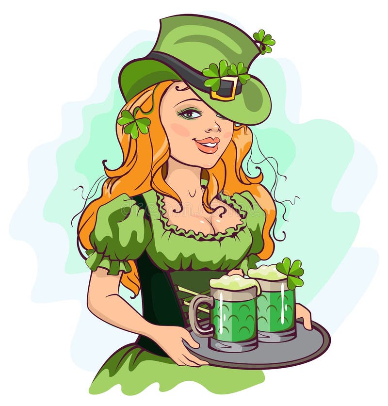 Patrick fata care tine o tava de bere verde stock illustration