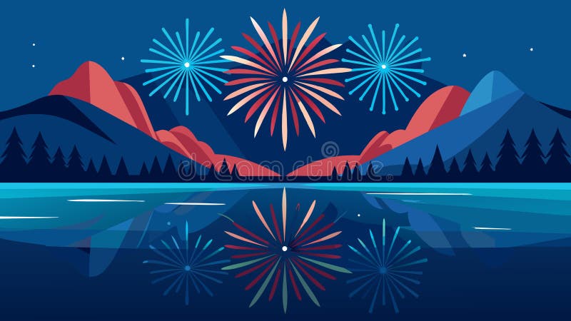 A patriotic display of fireworks reflected in the calm waters of a peaceful lake reminiscent of the nations independence.. Vector illustration AI generated