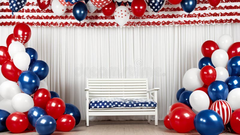 Patriotic interior decorations, red, white and blue balloons, stars and stripes, AI generative.