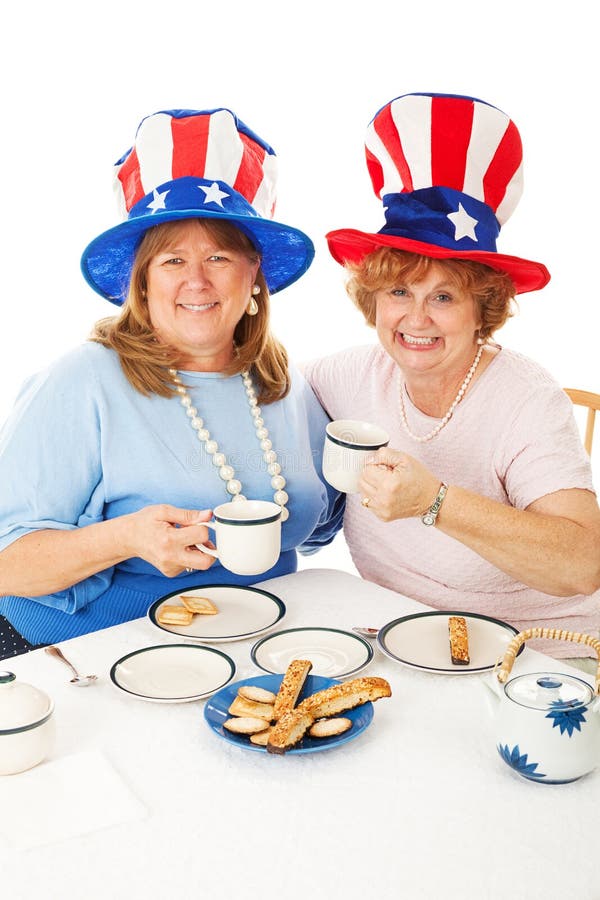 Patriotic conservative American voters sitting down to an actual tea party. White background. Patriotic conservative American voters sitting down to an actual tea party. White background