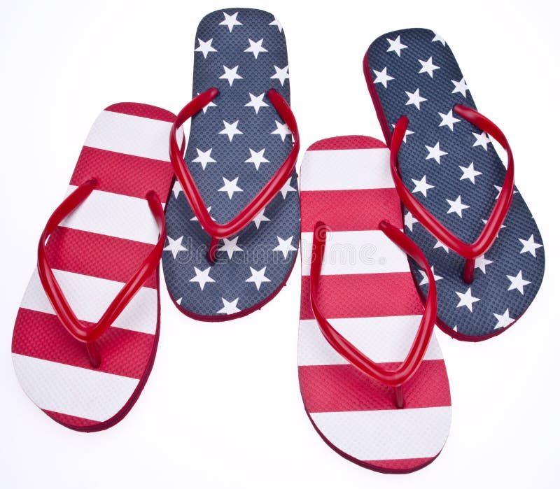 Patriotic Red White and Blue Flip Flop Sandals Ready for the 4th of July! Isolated on White with a Clipping Path. Patriotic Red White and Blue Flip Flop Sandals Ready for the 4th of July! Isolated on White with a Clipping Path.