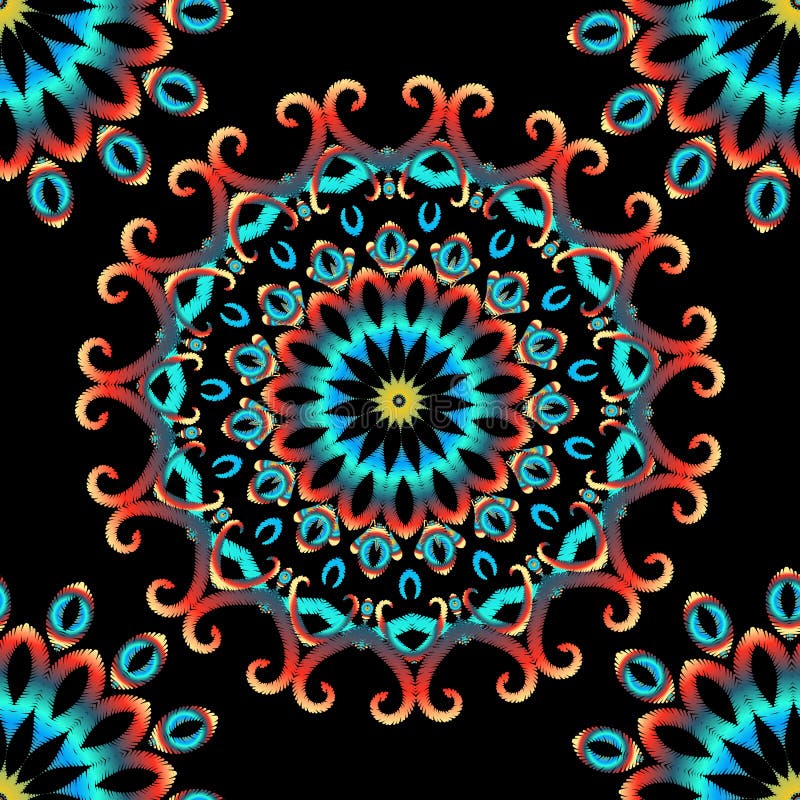 Patroon van borduurwerk het kleurrijke bloemen naadloze mandala Vector grungy achtergrond Geweven bloemen etnisch kantornament me vector illustratie Patroon van borduurwerk het kleurrijke bloemen naadloze mandala Vector grungy achtergrond Geweven bloemen etnisch kantornament me vector illustratie