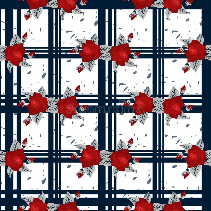 Patroon van borduurwerk het rode bloemen en blauw geruit Schots wollen stof naadloos patroon Goed voor tafelkleed, stof, weefsel royalty-vrije illustratie Patroon van borduurwerk het rode bloemen en blauw geruit Schots wollen stof naadloos patroon Goed voor tafelkleed, stof, weefsel royalty-vrije illustratie