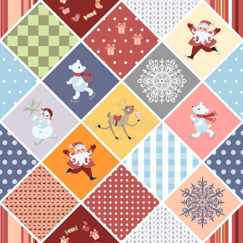 Patroon van het Kerstmis het naadloze lapwerk met Santa Claus, grappige herten, ijsberen, sneeuwman, sneeuwvlok, giften en geomet royalty-vrije illustratie Patroon van het Kerstmis het naadloze lapwerk met Santa Claus, grappige herten, ijsberen, sneeuwman, sneeuwvlok, giften en geomet royalty-vrije illustratie