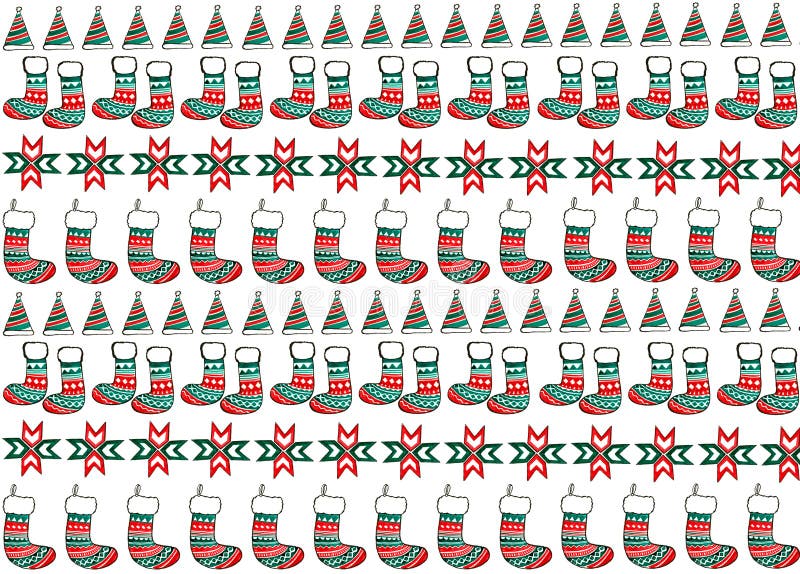 Pattern of Christmas elements in red and green colors with black outline on white background. Elfie conical hats in stripe. Gift socks in geometric pattern. Christmas ornament. Elements are in rows. Pattern of Christmas elements in red and green colors with black outline on white background. Elfie conical hats in stripe. Gift socks in geometric pattern. Christmas ornament. Elements are in rows.