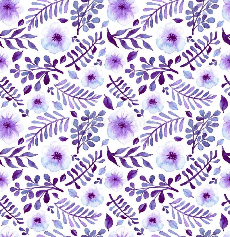 Patroon van waterverf het Heldere Violet Flowers And Leaves Seamless stock illustratie Patroon van waterverf het Heldere Violet Flowers And Leaves Seamless stock illustratie