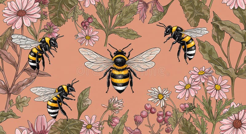 Patru albine cu aripi detaliate și dungi vibrante, negre și galbene, plutind printre roz royalty free illustration