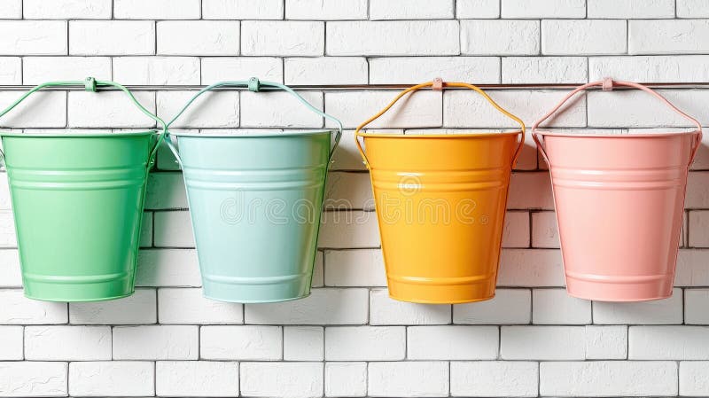 Patru găleți de diferite culori agățate pe un perete de cărămidă albă. stock photography