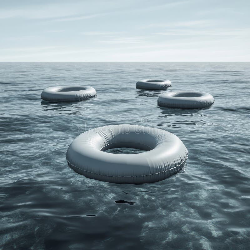 Patru inele gonflabile plutitoare pe suprafața calmă a oceanului sub cerul liber royalty free stock images
