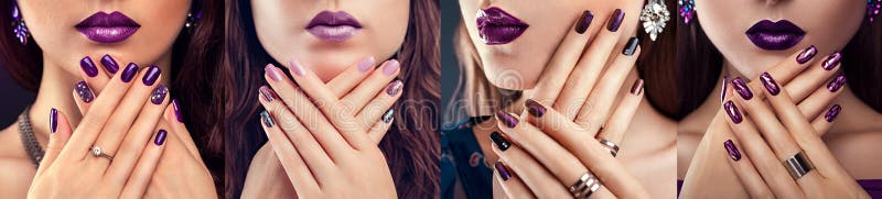 Patru tipuri de design violet unghiilor. frumoasă femeie cu manichiură perfectă și bijuterii. modă royalty free stock images