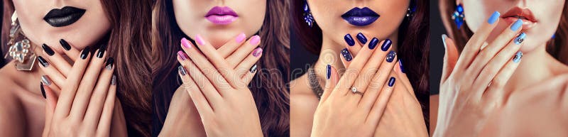 Patru tipuri de design violet unghiilor. frumoasă femeie cu manichiură perfectă și bijuterii. modă royalty free stock photos