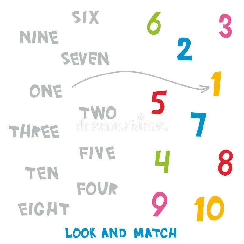 Look and Match the numbers 1 to 10. Kids words learning game, worksheets with simple colorful graphics. children educational Learning color theme and vocabulary. Vector illustration. Look and Match the numbers 1 to 10. Kids words learning game, worksheets with simple colorful graphics. children educational Learning color theme and vocabulary. Vector illustration