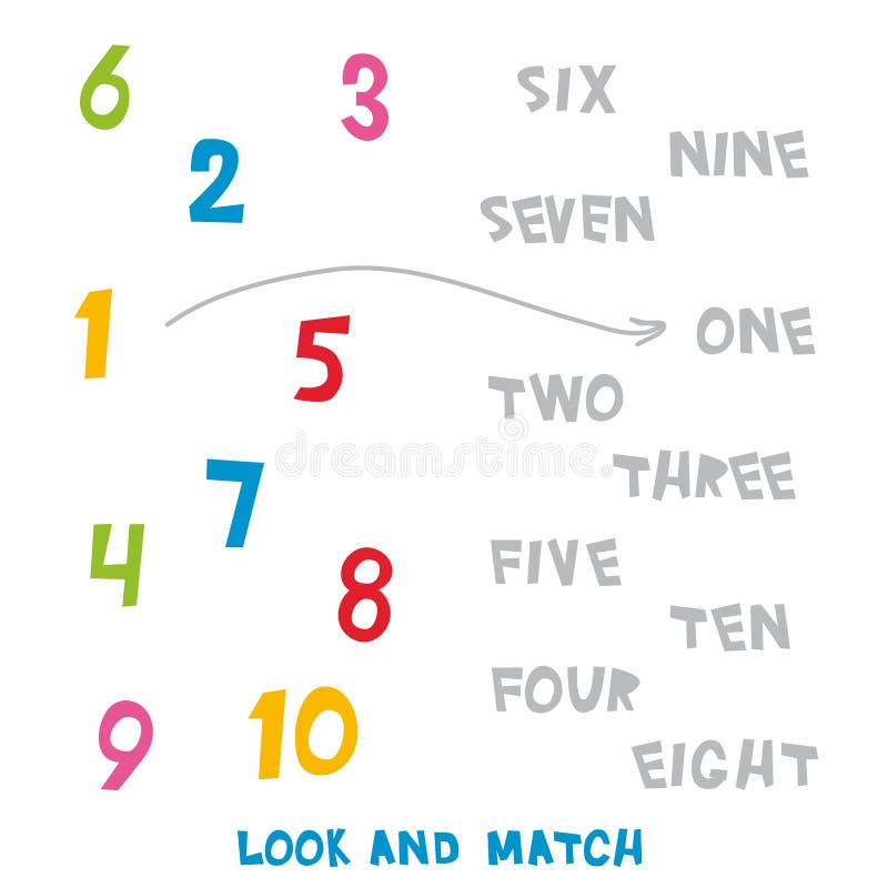 Look and Match the numbers 1 to 10. Kids words learning game, worksheets with simple colorful graphics. children educational Learning color theme and vocabulary. Vector illustration. Look and Match the numbers 1 to 10. Kids words learning game, worksheets with simple colorful graphics. children educational Learning color theme and vocabulary. Vector illustration