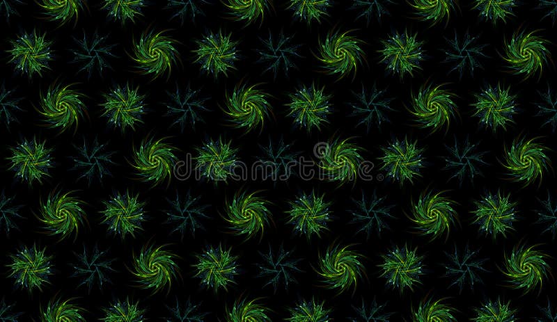Patrón futurista sin fisuras sobre fondo negro. Diseño abstracto de repetición de estrellas y remolinos verdes fotos de archivo libres de regalías Patrón futurista sin fisuras sobre fondo negro. Diseño abstracto de repetición de estrellas y remolinos verdes fotos de archivo libres de regalías