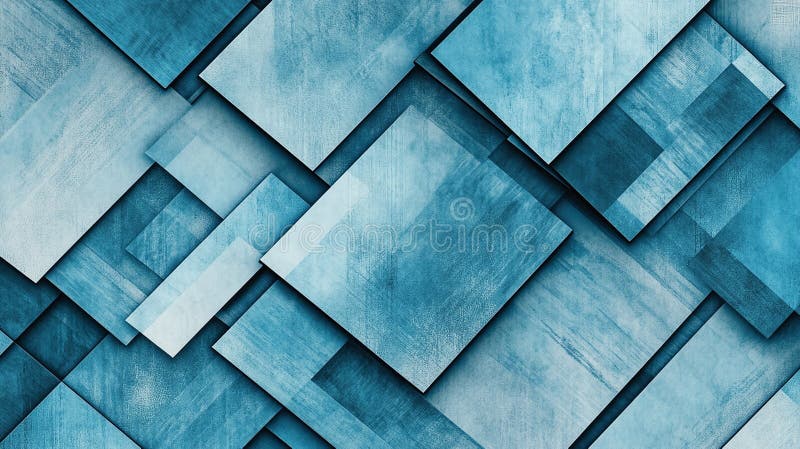 Patrón geométrico corporativo con cuadrados y rectángulos transparentes superpuestos en esquema azul monocromático con textura de grano claro