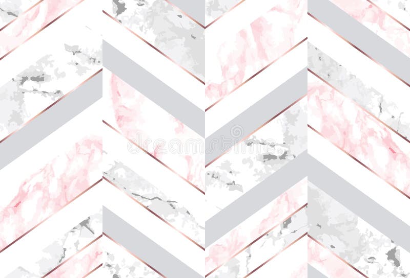 Vector seamless geometric zigzag pattern with rose gold lines, pink and gray marble. Modern chic abstract texture on white background. Vector seamless geometric zigzag pattern with rose gold lines, pink and gray marble. Modern chic abstract texture on white background