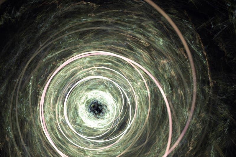 Patrón giratorio rosa verde de ondas torcidas sobre un fondo negro. ilustración del vector