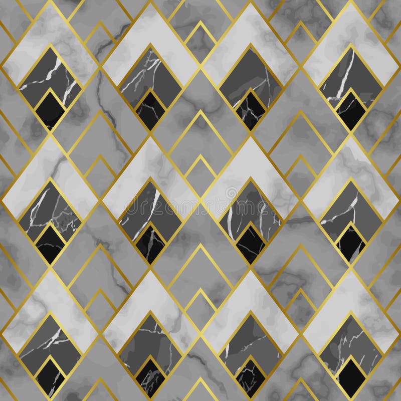 Vector marble seamless pattern with golden geometric diagonal lines. White, gray, black rhombus marbling surface, modern luxurious background, luxury art deco wallpaper in gatsby stile. Vector marble seamless pattern with golden geometric diagonal lines. White, gray, black rhombus marbling surface, modern luxurious background, luxury art deco wallpaper in gatsby stile.