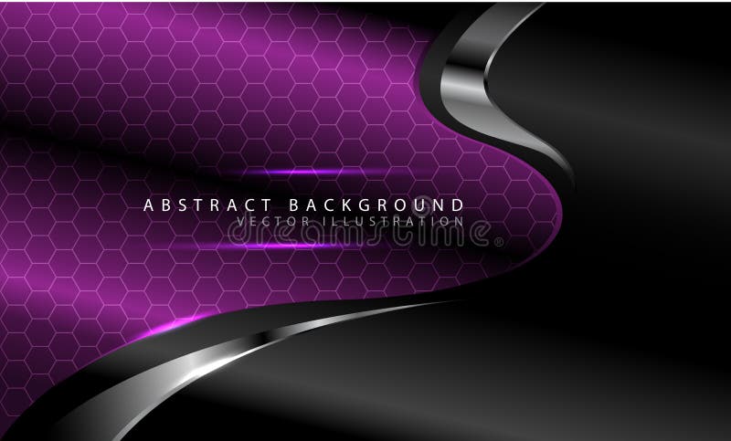 Patrón hexágono de curva púrpura abstracta con línea plateada en diseño gris oscuro lujoso moderno vector de fondo futurista