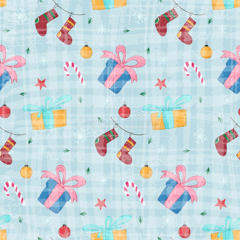 Patrón navideño brillante con regalos y medias ilustración del vector