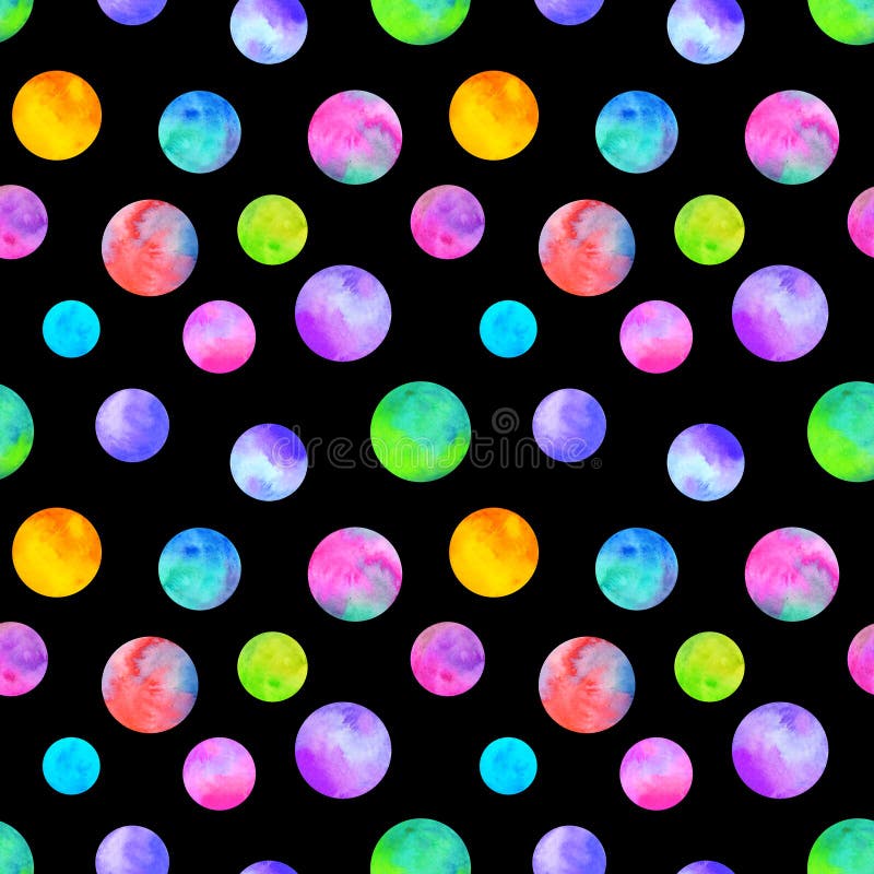 Polka dot multi-colored watercolor seamless pattern. Abstract watercolour background with colorful circles on black. Hand drawn round shaped texture. Print for textile, wallpaper, wrapping paper. Polka dot multi-colored watercolor seamless pattern. Abstract watercolour background with colorful circles on black. Hand drawn round shaped texture. Print for textile, wallpaper, wrapping paper