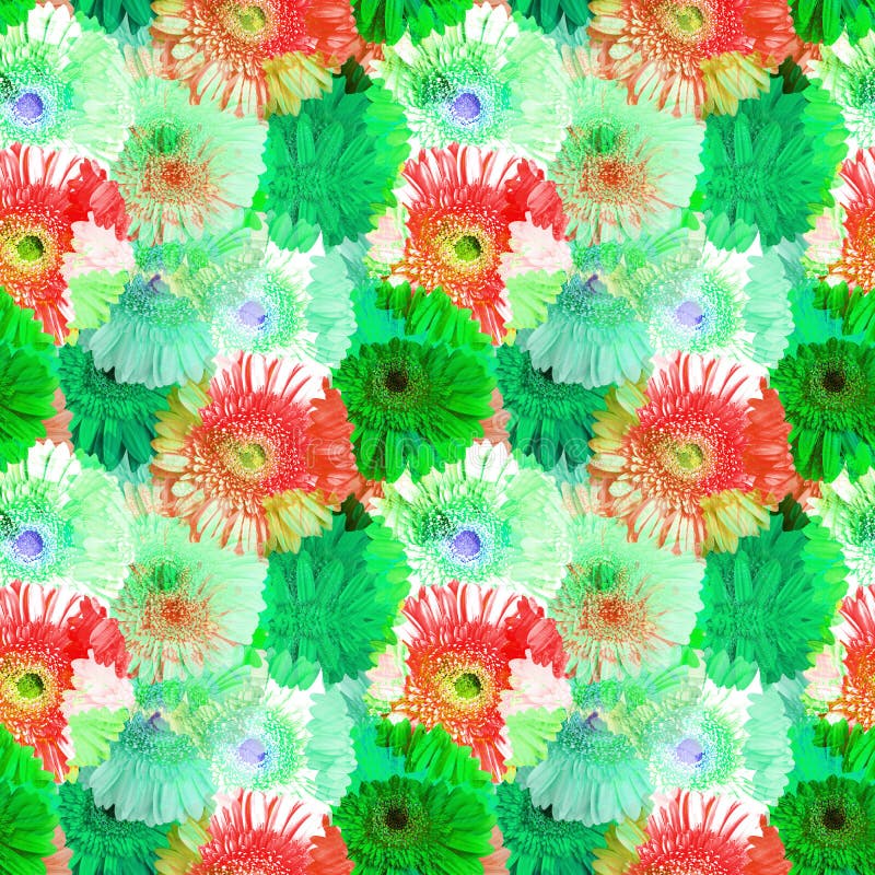Patrón sin foco de flores de gerbera verdes y rojas, adorno floral de margarita de verano vívida, textura de flor gerber abstract ilustración del vector Patrón sin foco de flores de gerbera verdes y rojas, adorno floral de margarita de verano vívida, textura de flor gerber abstract ilustración del vector