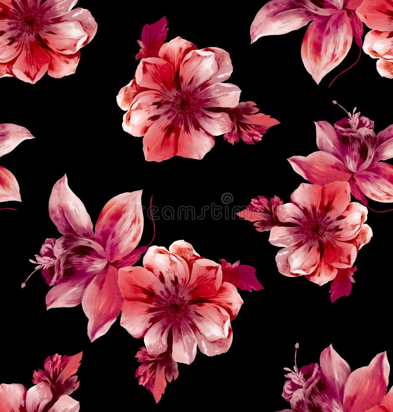 Patrón sin inconvenientes con hermosas flores grandes sobre fondo negro. Parche para impresiones textiles de tela stock de ilustración Patrón sin inconvenientes con hermosas flores grandes sobre fondo negro. Parche para impresiones textiles de tela stock de ilustración
