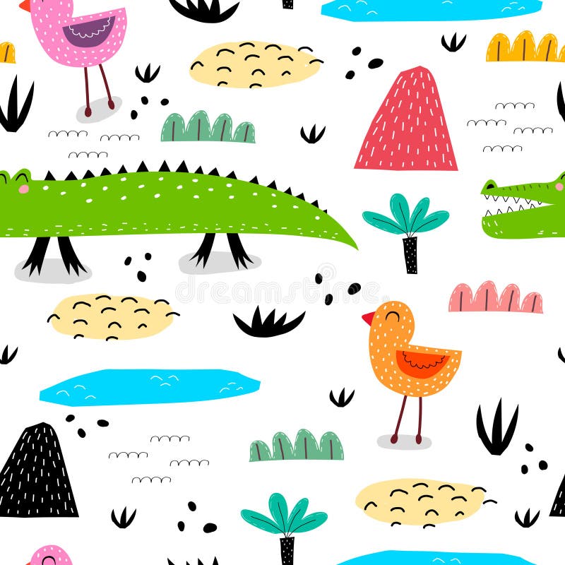 Patrón sin problemas con cocodrilos divertidos, pájaros, lagos, montañas, elementos decorativos vector colorido para los niños Dr stock de ilustración Patrón sin problemas con cocodrilos divertidos, pájaros, lagos, montañas, elementos decorativos vector colorido para los niños Dr stock de ilustración