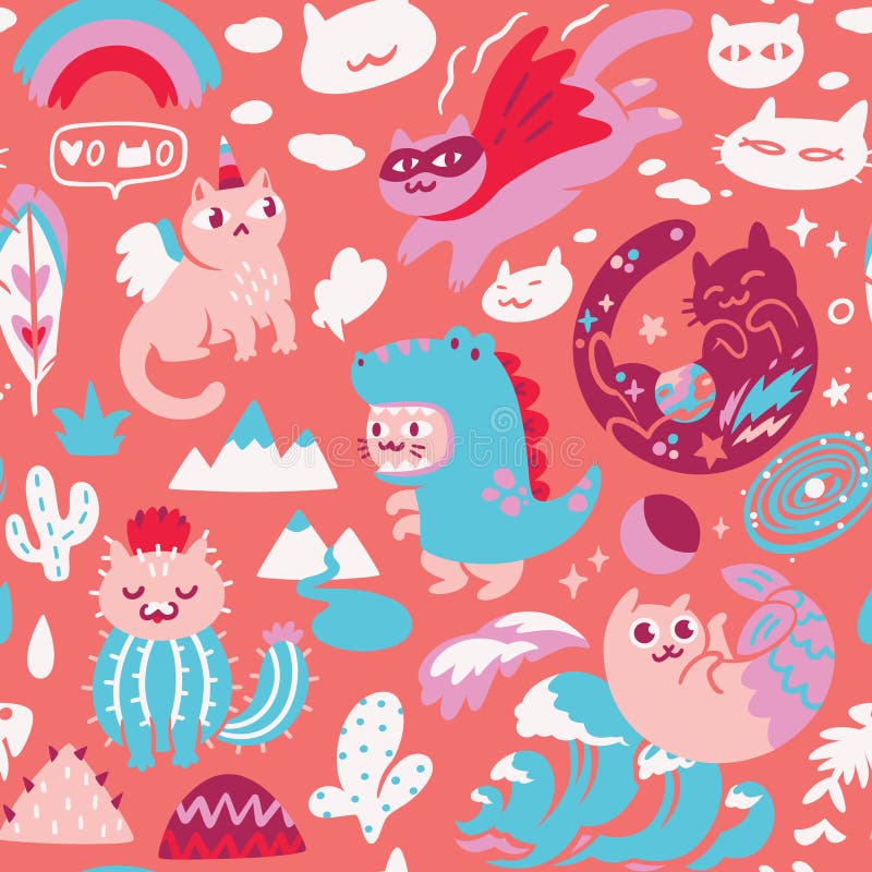 Modelo de manera transparente con el dinosaurio y el superhéroe exhaustos unicorn de sirenas de los gatos del kawaii diferente de libre illustration