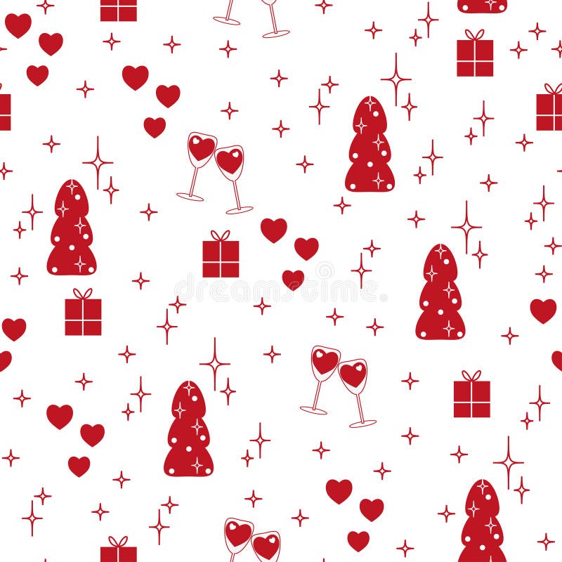 Patrón sin problemas con elementos para Año Nuevo y Feliz Navidad Árbol de Navidad, regalos, estrellas, vaso de vino, corazones r stock de ilustración Patrón sin problemas con elementos para Año Nuevo y Feliz Navidad Árbol de Navidad, regalos, estrellas, vaso de vino, corazones r stock de ilustración