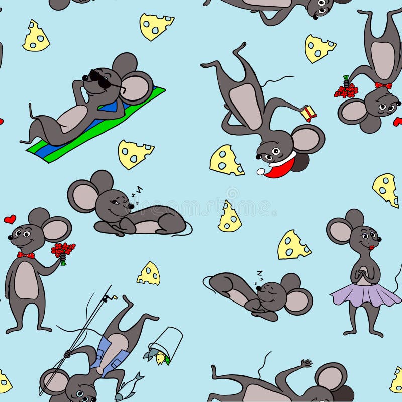 Patrón sin problemas con ratones grises dibujados en un fondo azul ilustración del vector Patrón sin problemas con ratones grises dibujados en un fondo azul ilustración del vector