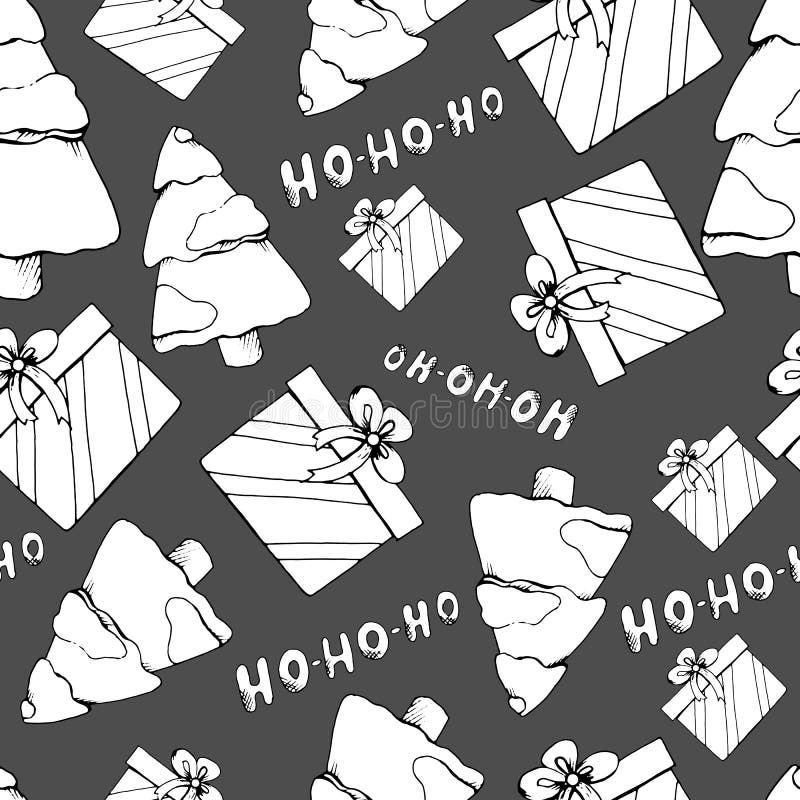 Patrón transparente Árboles de Navidad, regalos y inscripciones de hoho en un fondo gris Estilo Doodle Vector Elemento Decour par ilustración del vector