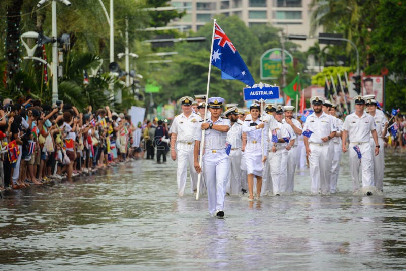Australia Navy parade marching in International Fleet Review 2017. Pattaya, Thailand - November 19, 2017: Australia Navy parade marching on the 50th anniversary royalty free stock image Australia Navy parade marching in International Fleet Review 2017. Pattaya, Thailand - November 19, 2017: Australia Navy parade marching on the 50th anniversary royalty free stock image