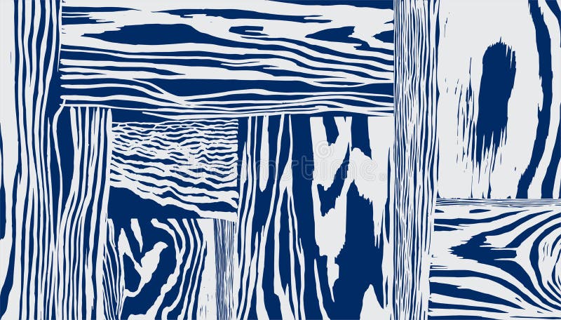 Hand drawn brush lines abstract wood grain pattern white and blue, patchwork wavy lines monochromatic wood veneer background, naturalistic graphic for textile, decoration, carpet. Minimalist smooth texture vectors