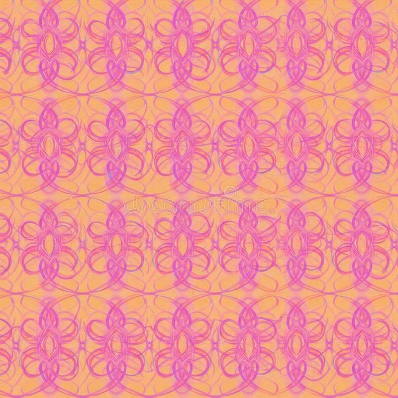 Pattern of abstract, intricate designs in pink and orange. Features symmetrical royalty free illustration