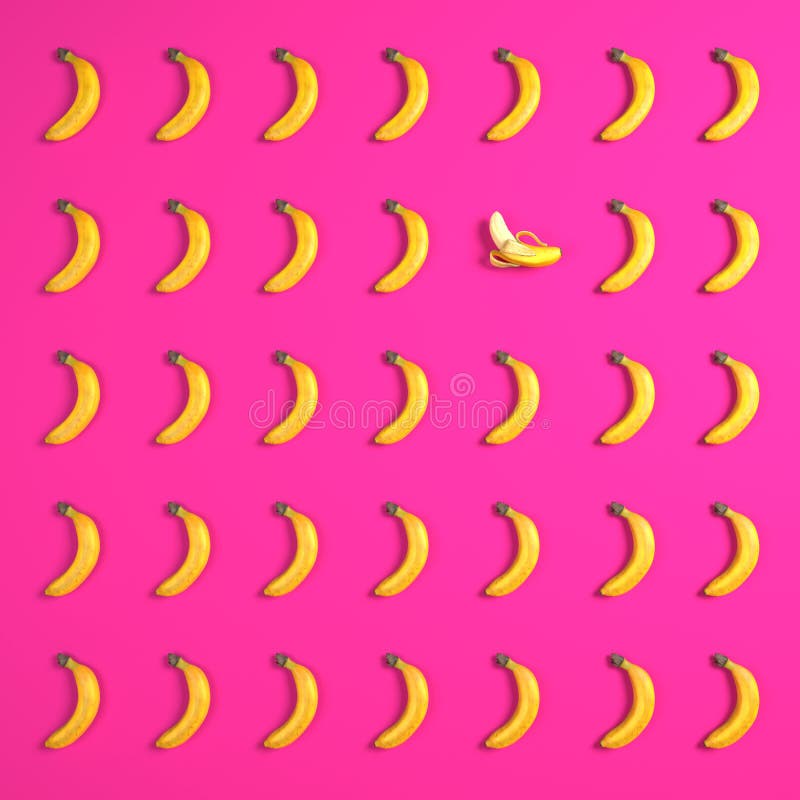 Pattern of bananas in an array of columns and rows on a brigth pink background vector illustration