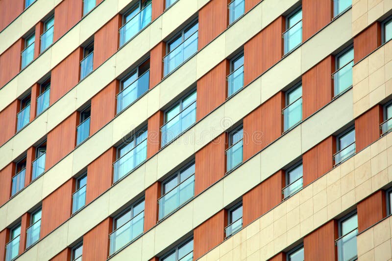 The pattern of blue windows at the building