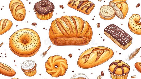 A Pattern of a Bunch of Different Types of Baked Goods, AI Stock Photo