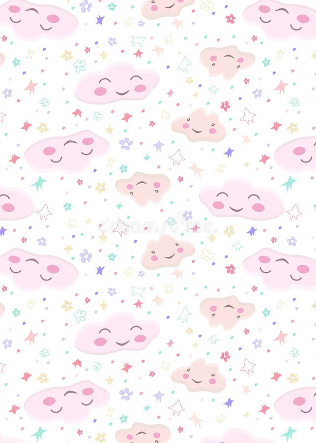 Pattern with cute cloud characters, heart pierced by an arrow, stars and flowers stock illustration Pattern with cute cloud characters, heart pierced by an arrow, stars and flowers stock illustration