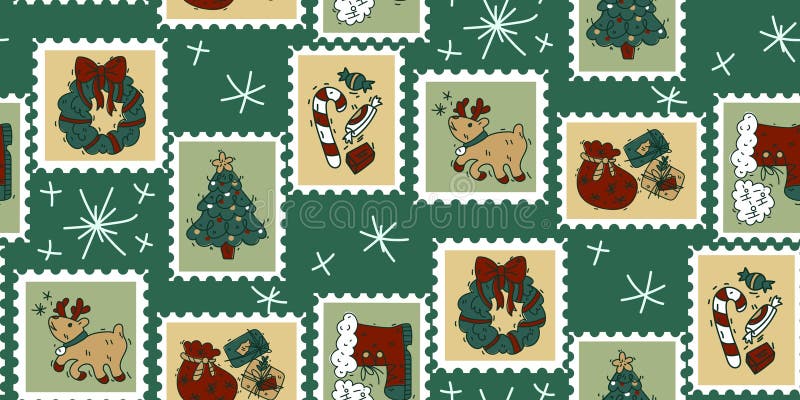 A set of cute hand-drawn postage stamps with Christmas and New Year  attributes, a mug