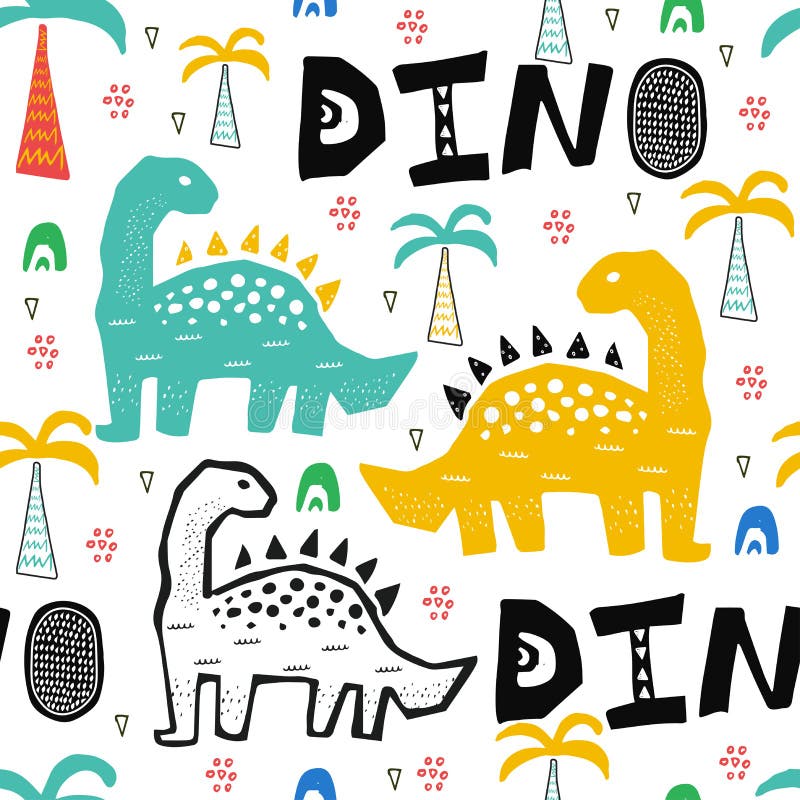 Pattern with dino, dinosaur in tropical forest in scandinavian style. Abstract kid draving for nursery,textile,wrapping or poster.