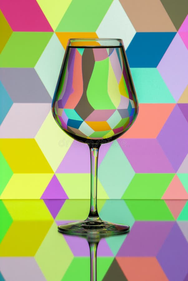 A vibrant, cheerful and summery scene showcasing a diagonal pattern of  photo-realistic wine glasses and bottles, with a slightly wavy distortion  as if viewed through the eyes of a tipsy person on