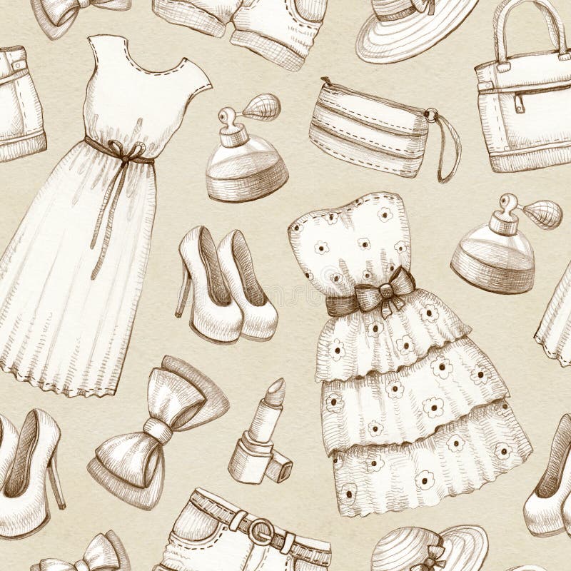 Pattern with a drawings of dresses and accessories