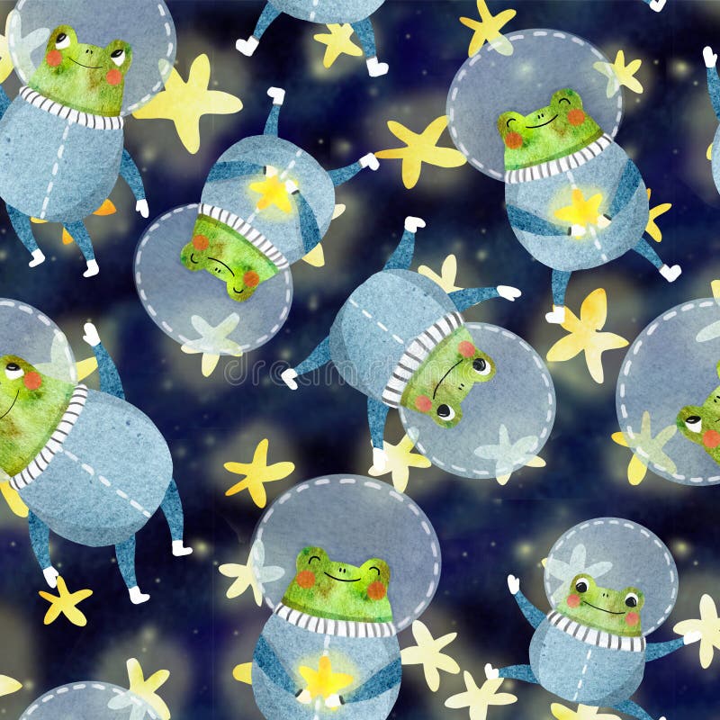 Pattern with frog astronaut, frog and stars