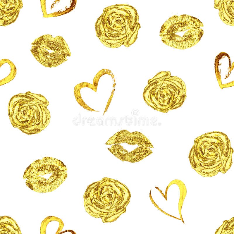 Seamless romantic pattern with beautiful gold lips kiss traces, roses and hearts on white background. Golden lipstick marks endless fashion texture template. For fabric, textile, wrapping, wallpaper. Seamless romantic pattern with beautiful gold lips kiss traces, roses and hearts on white background. Golden lipstick marks endless fashion texture template. For fabric, textile, wrapping, wallpaper