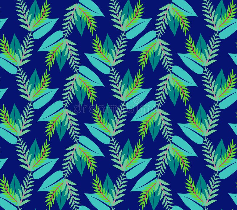 Pattern With Green Leaves On Blue Background Stock Vector