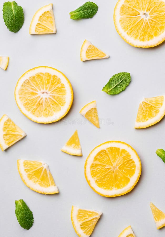 Pattern of juicy slices of lemons and mint leaves on a light background with shadow