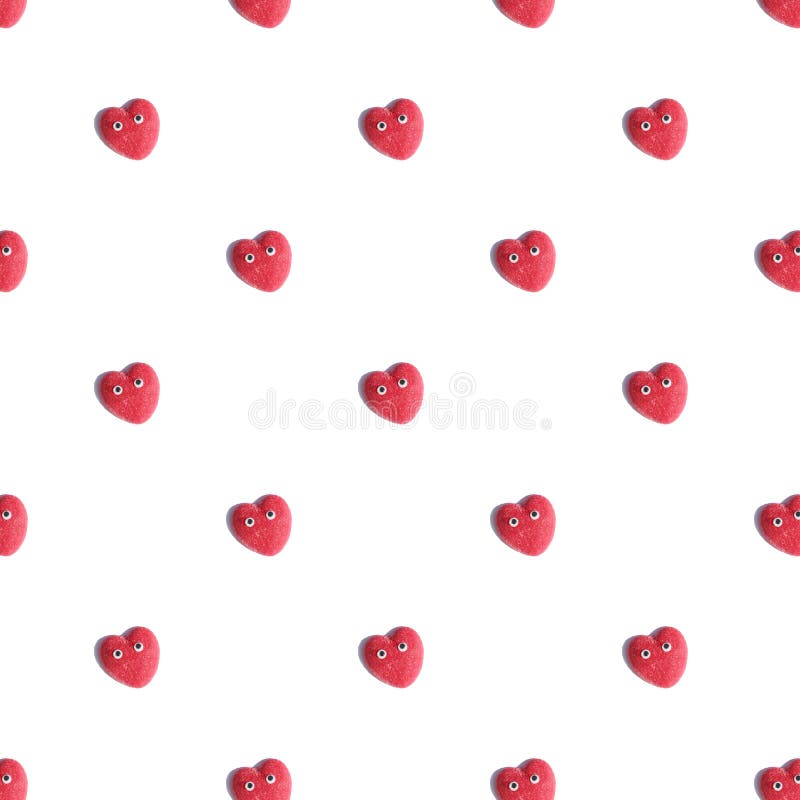 Pattern Made with Red Heart with Eyes on White Background Stock Photo