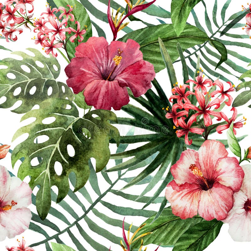 Pattern orchid hibiscus leaves watercolor tropics