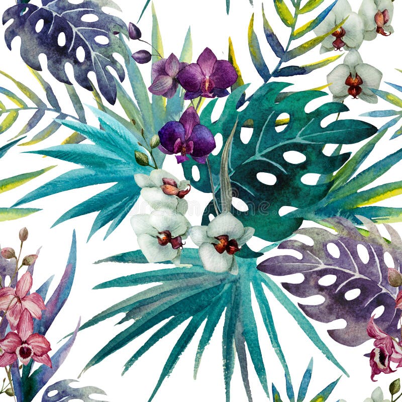 Pattern orchid hibiscus leaves watercolor tropics royalty free illustration Pattern orchid hibiscus leaves watercolor tropics royalty free illustration